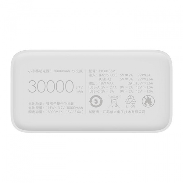 Внешний аккумулятор Xiaomi Mi Power Bank 3 Pocket Edition 30000 mAh (белый)